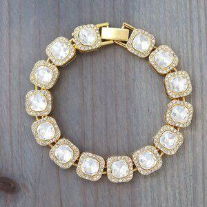 12.5mm 8inches Square Halo Diamond Chain Clear Rhinestones 18k Gold Plated Brace